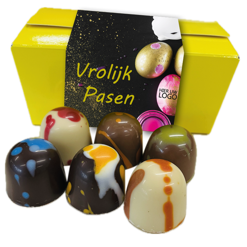Vrolijk geschenkdoosje met 250 grams paasbonbons + banderol